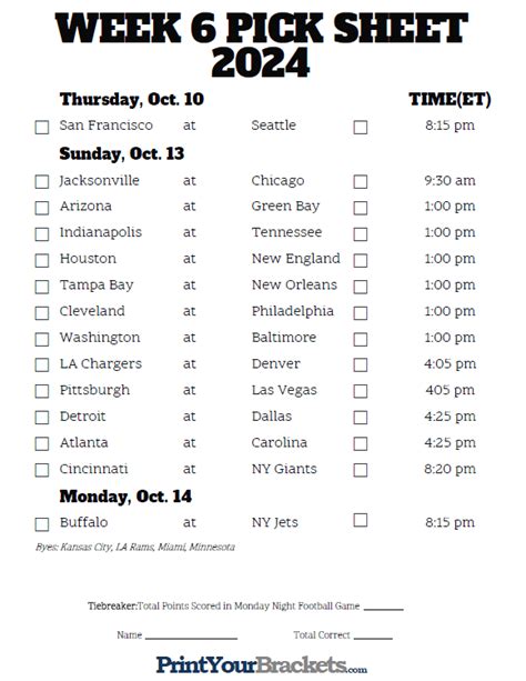 Nfl Week 6 Printable Schedule