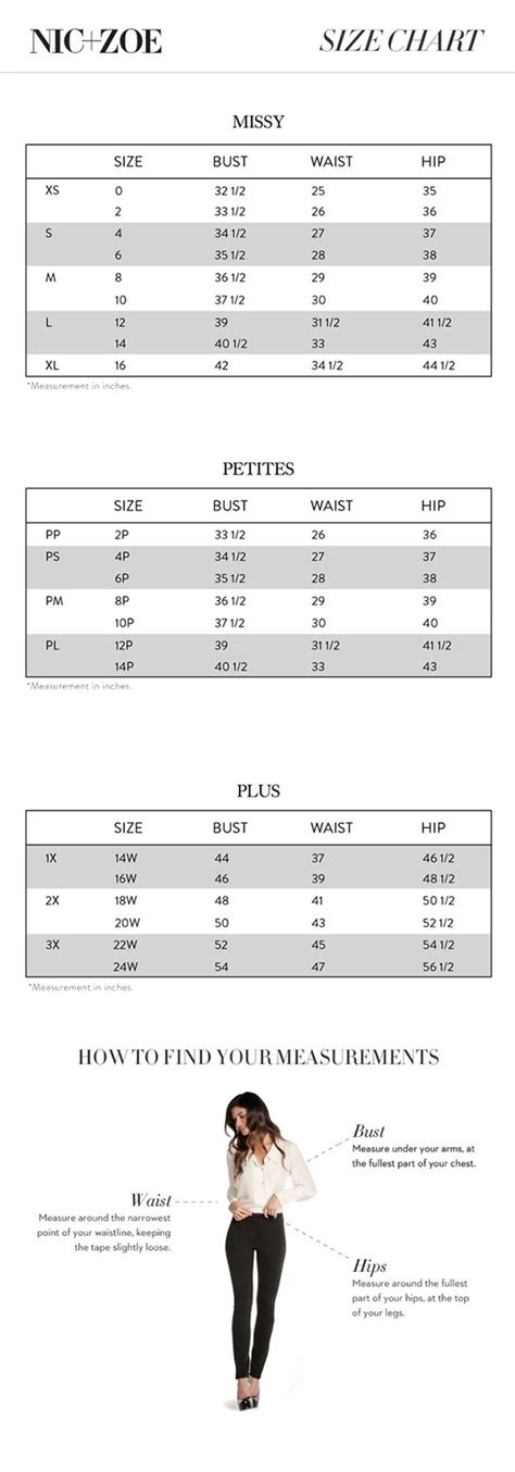 Nic Zoe Size Chart