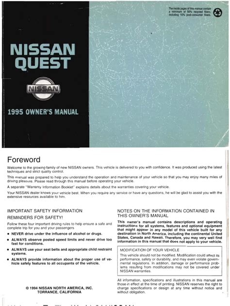 Nissa Quest 1995 Repair Service Manual