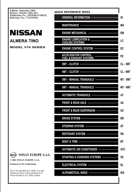 Nissan Almera Tino V10 Series 2002 Service Repair Manual