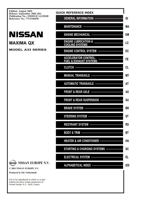 Nissan Maxima Qx A33 Series Service Manual Repair Manual Pdf Download