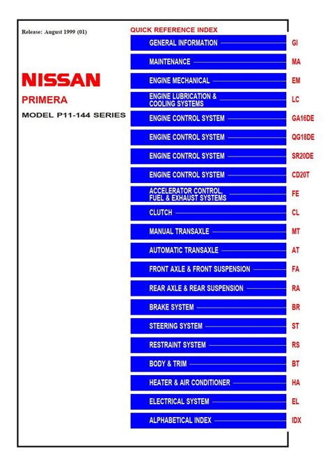 Nissan Primera P11 144 Series 1999 2000 2001 2002 Service Manual Repair Manual Pdf Download