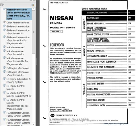 Nissan Primera P11 Service Manual 2000 2002 Multilanguage