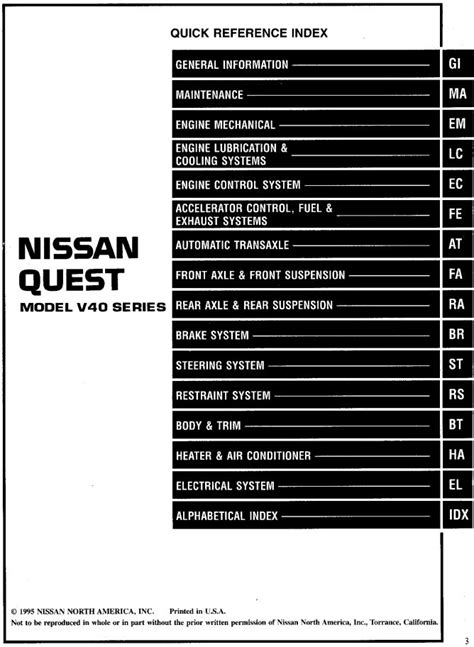 Nissan Quest Model V40 Series Service Repair Manual 1996