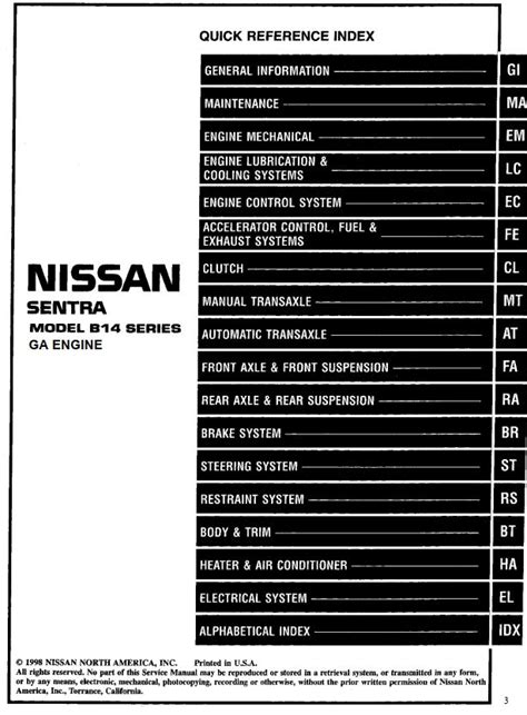 Nissan Sentra B14 1998 1999 Sr Ga Service Manual Repair Manual Pdf Download