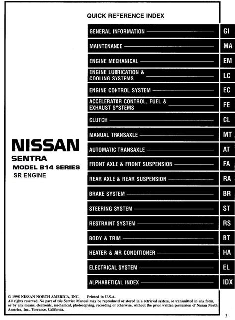 Nissan Sentra Model B14 Series Covers Sr Engine Full Service Repair Manual 1998