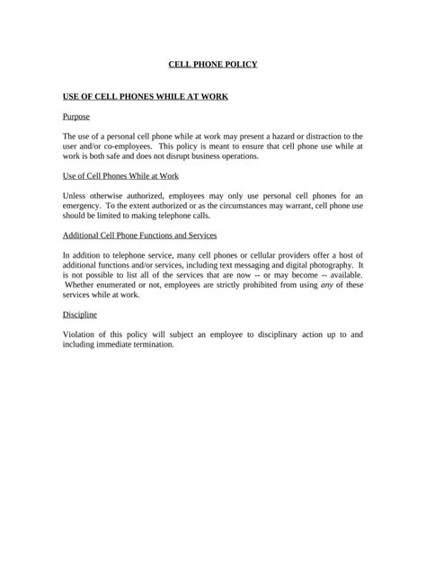 No Cell Phone Use At Work Policy Template