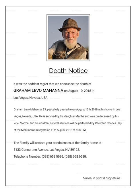 Notice Of Death Template
