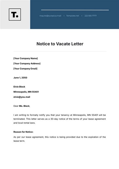 Notice To Vacate Letter Template
