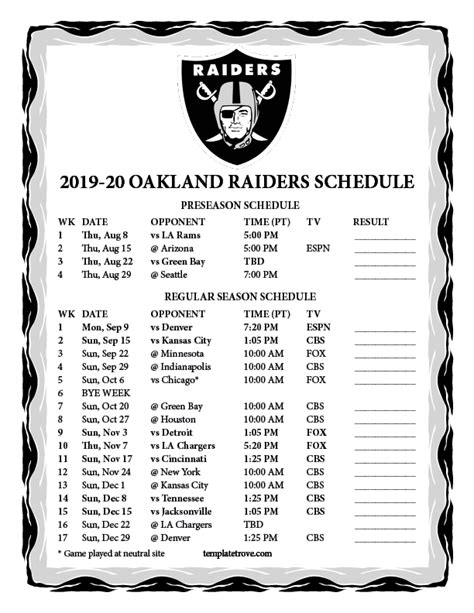 Oakland Raiders Printable Schedule