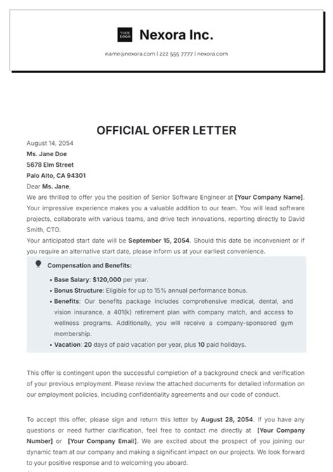 Official Offer Letter Template