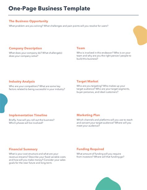 One-page Business Plan Template