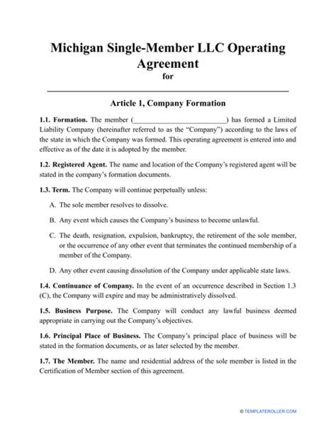 Operating Agreement Llc Michigan Template