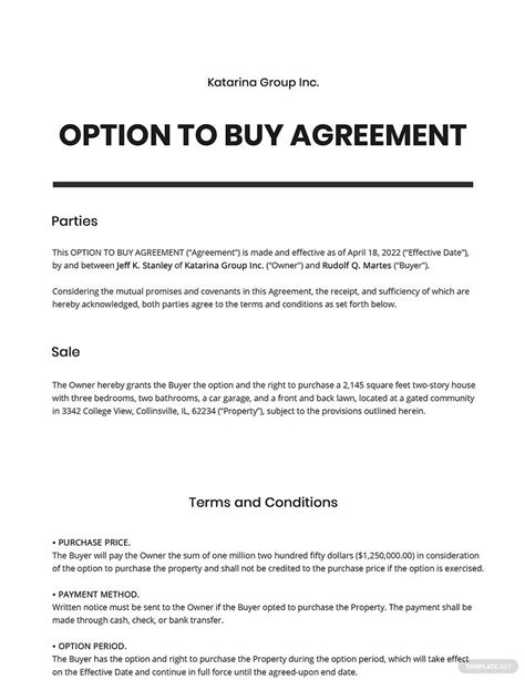 Option To Purchase Agreement Template