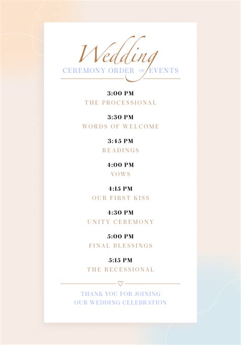 Order Of Events Wedding Template