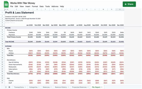 P L Google Sheets Template