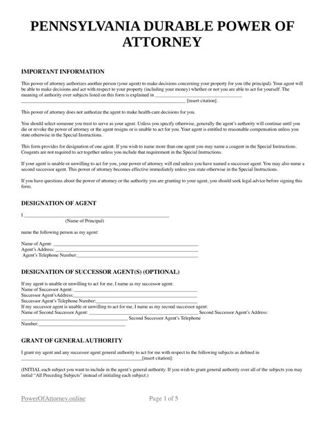Pa Power Of Attorney Template