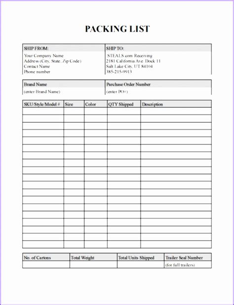 Packing List Excel Template