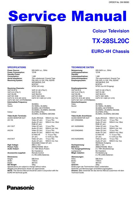 Panasonic Colour Tv Tx 28sl20c Euro 4h Chassis Service Manual Download