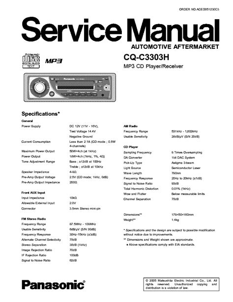 Panasonic Cq C3303h Mp3 Cd Player Receiver Service Manual