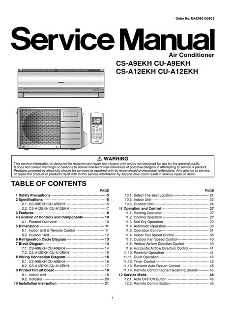 Panasonic Cs A12ekh Cu A12ekh Air Conditioner Service Manual