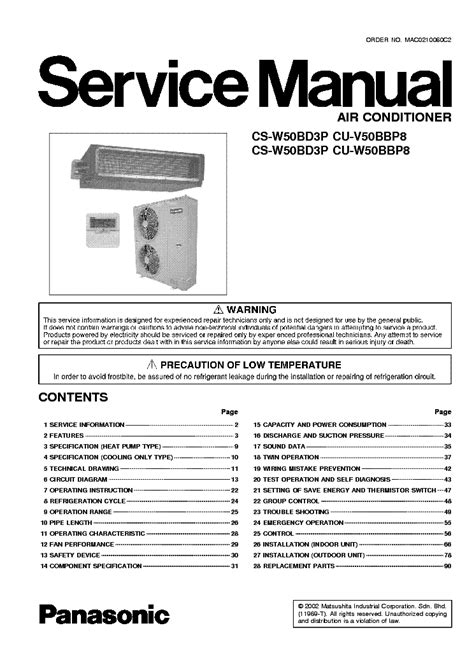 Panasonic Cs W50bd3p Cu W50bbp8 Air Conditioner Service Manual