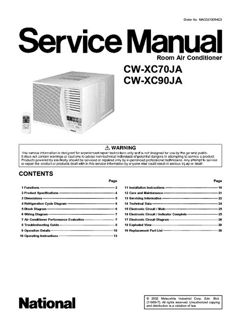 Panasonic Cw Xc70ja Cw Xc90ja Air Conditioner Service Manual