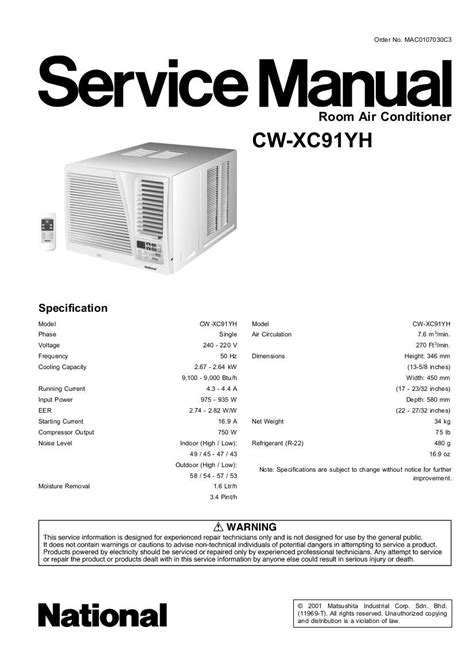 Panasonic Cw Xc91yh Air Conditioner Service Manual