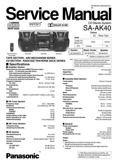 Panasonic Sa Ak40 Cd Stereo System Service Manual