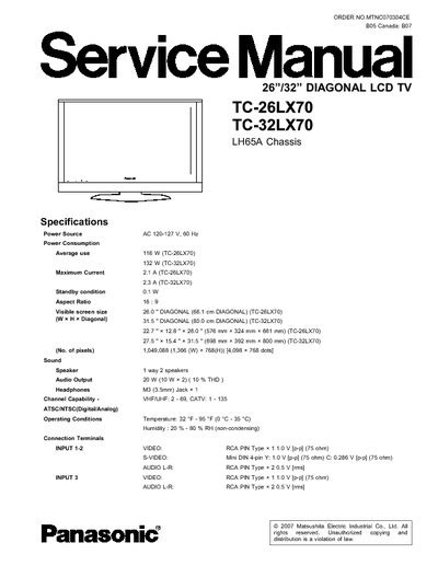 Panasonic Tc 26lx70 Tc 32lx70 Service Manual Schematics