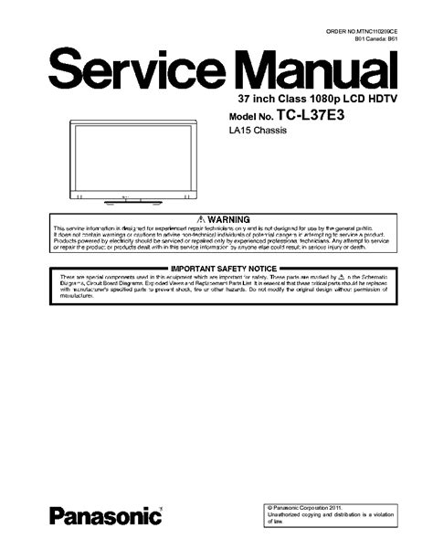 Panasonic Tc L37e3 Lcd Hdtv Service Manual Download