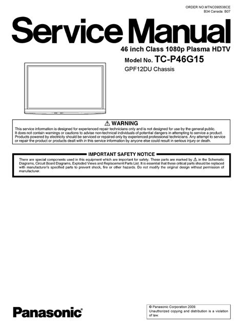 Panasonic Tc P46g15 Plasma Hd Tv Service Manual