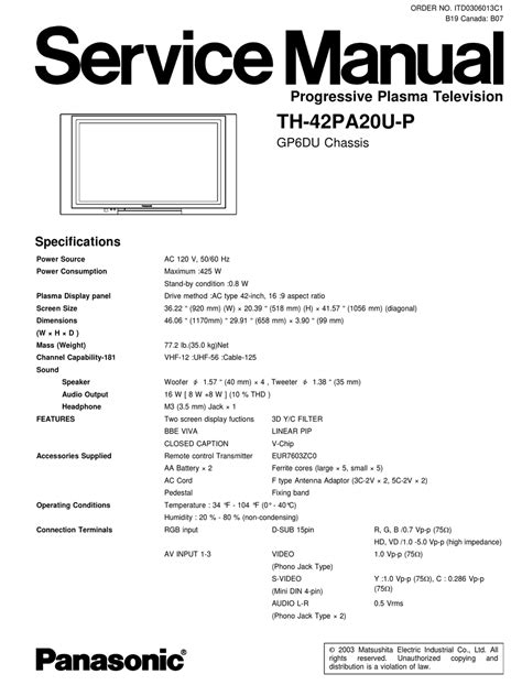 Panasonic Th 42pa20u P Plasma Display Service Manual