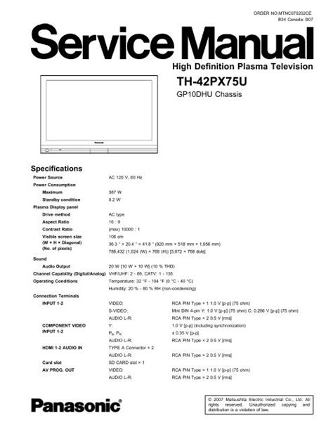 Panasonic Th 50bt300u Plasma Tv Service Manual