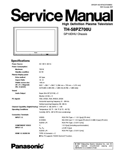 Panasonic Th 58pz700u Plasma Tv Service Manual Download