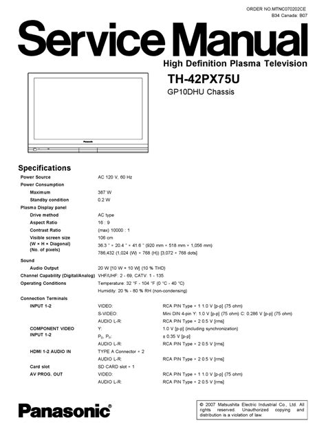 Panasonic Tv Plasma Th 42px75u Service Manual