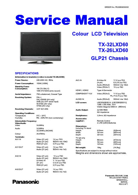 Panasonic Tx 32lxd600 Tx 26lxd600 Lcd Tv Service Manual