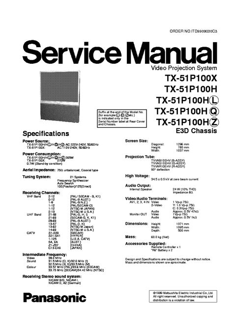 Panasonic Video Projection System Tx 51p100 E3d Chassis Service Manual Download