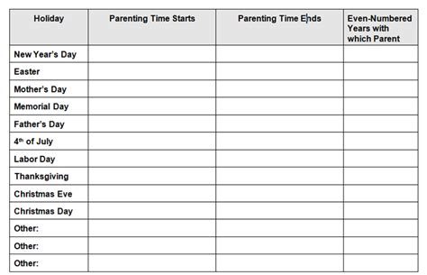 Parenting Time Holiday Schedule Mi Template