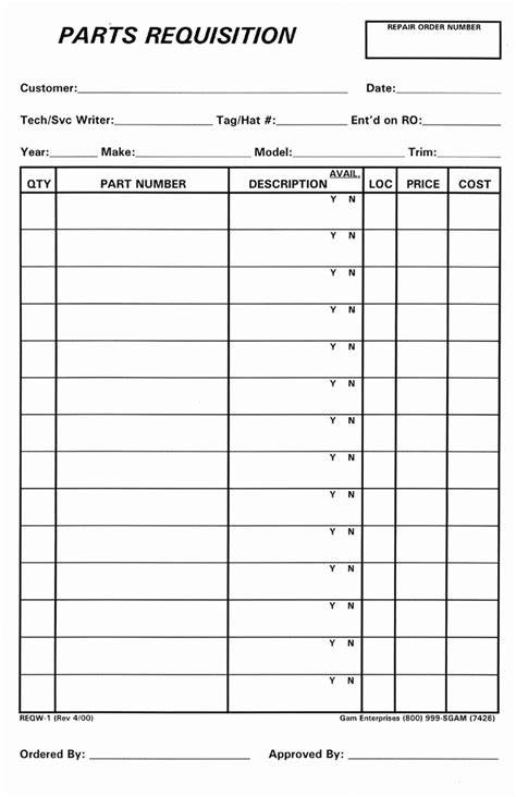 Parts Order Form Template