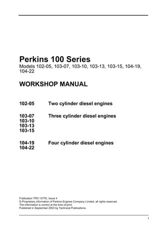 Perkins 100 Series Models 102 05 103 07 103 10 Diesel Engine Full Service Repair Manual