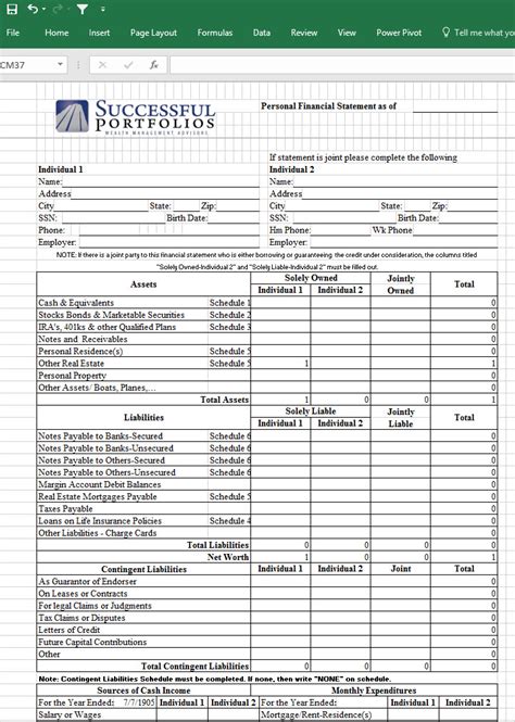 Personal Financial Statement Excel Template