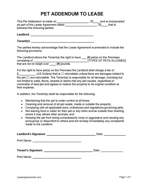 Pet Addendum To Lease Agreement Template
