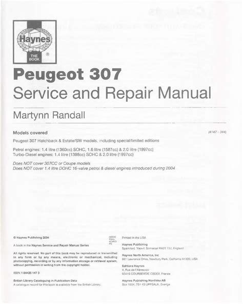 Peugeot 307 1 4l 1 6l 2 0l 1 4td 2 0td Full Service Repair Manual 2001 2008