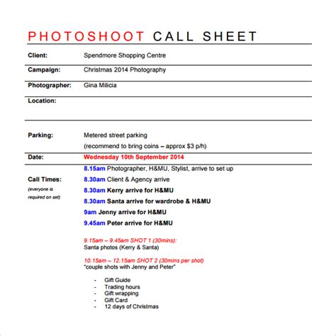 Photoshoot Call Sheet Template