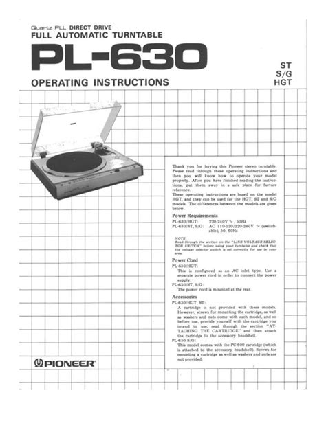 Pioneer Pl 630 Turntable Owner Service Manual