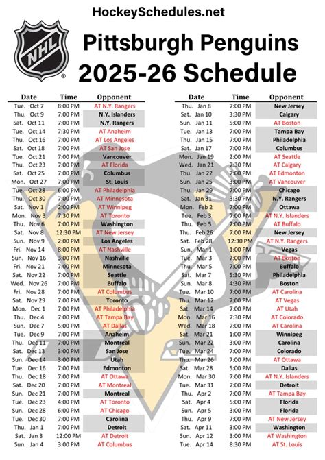 Pittsburgh Penguins Printable Schedule