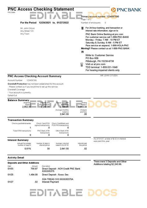 Pnc Bank Statement Template