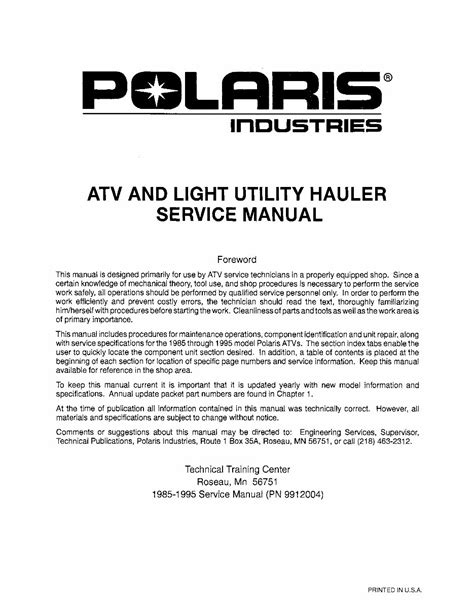 Polaris Atv 1985 1995 All Models Service Repair Manual