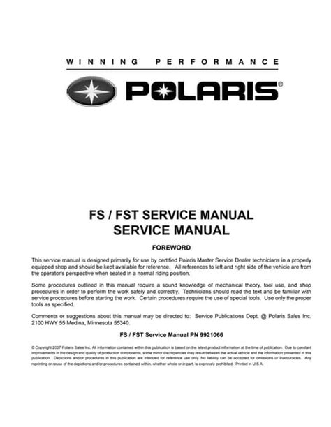 Polaris Fs Fst Snowmobile Service Manual Repair 2006 2008 4 Strokes